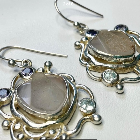 Sterling Silver Earrings Big Drop Druzy Iolite Topaz Stones - Picture 3 of 6